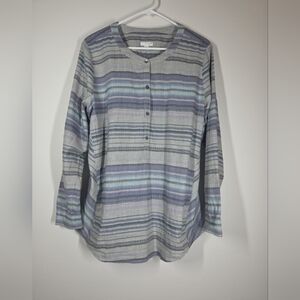 J.Jill Women Gray Striped 100% Cotton Tunic Henley Neru Shirt Long Sleeve sz L